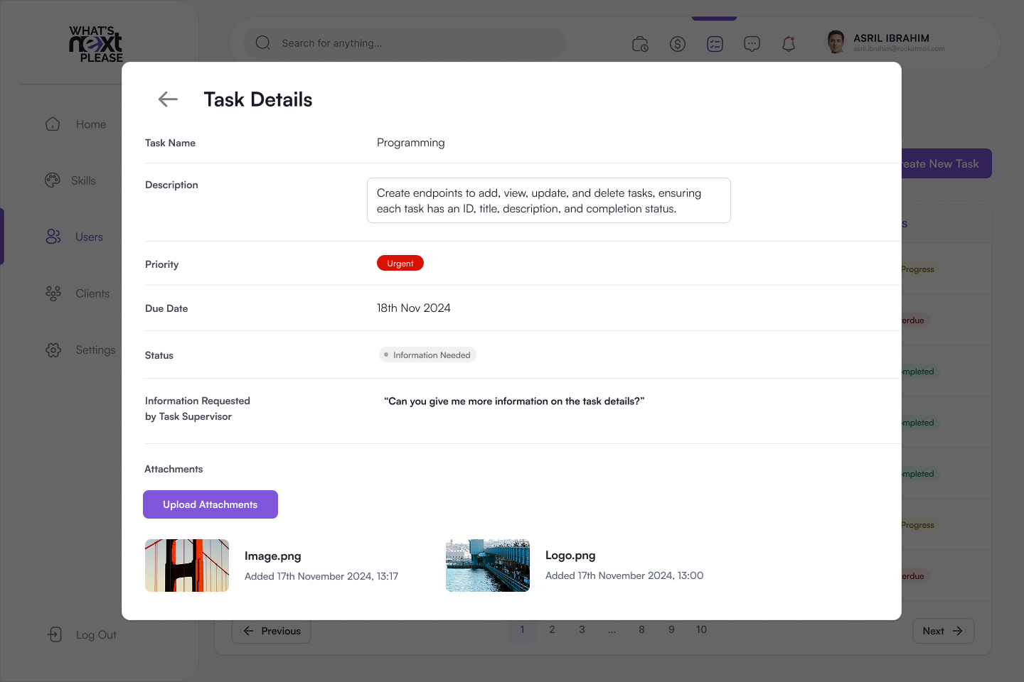 Client dashboard task detail view