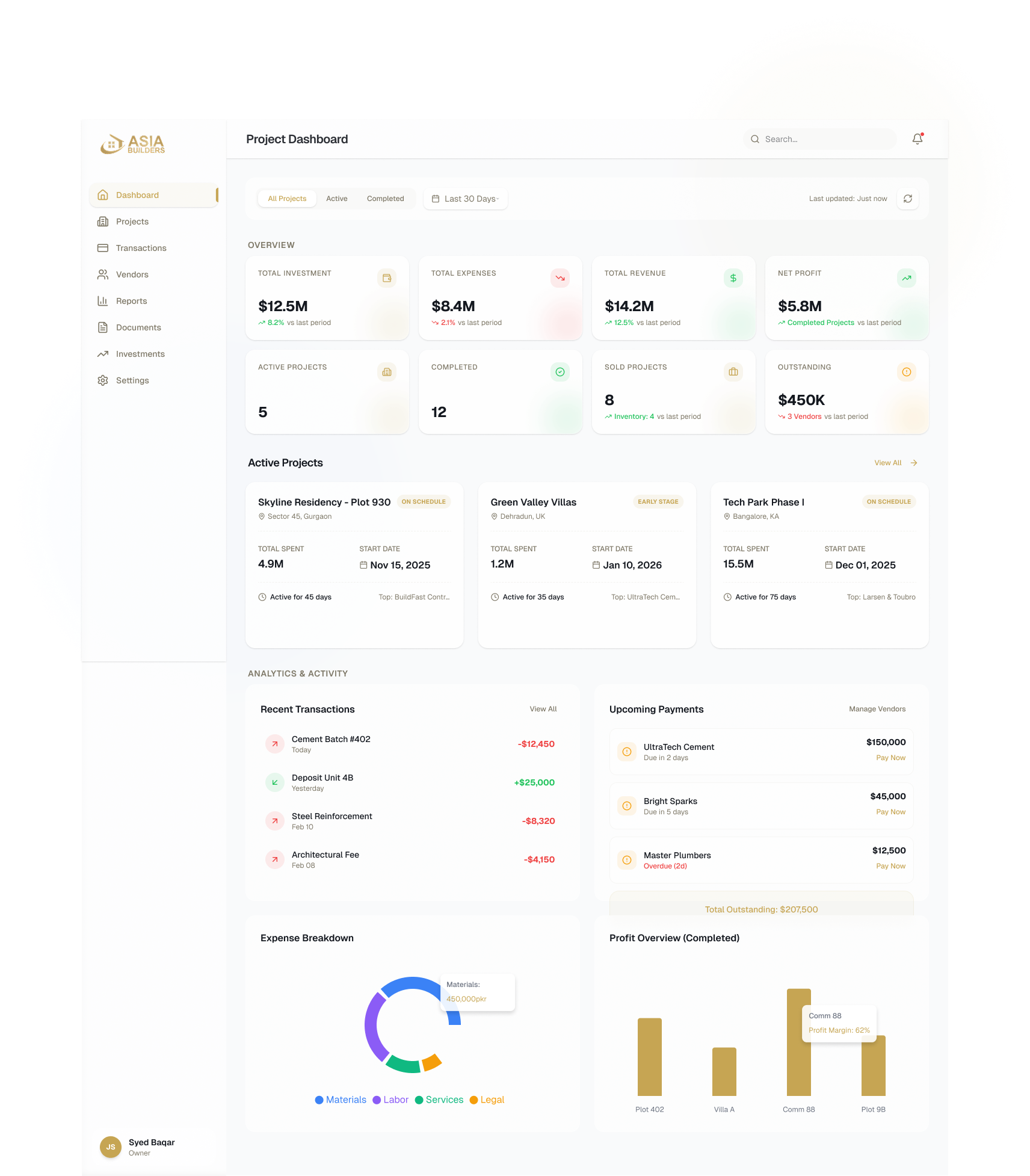Owner dashboard showing active project P&L, recent transactions, and expense breakdown