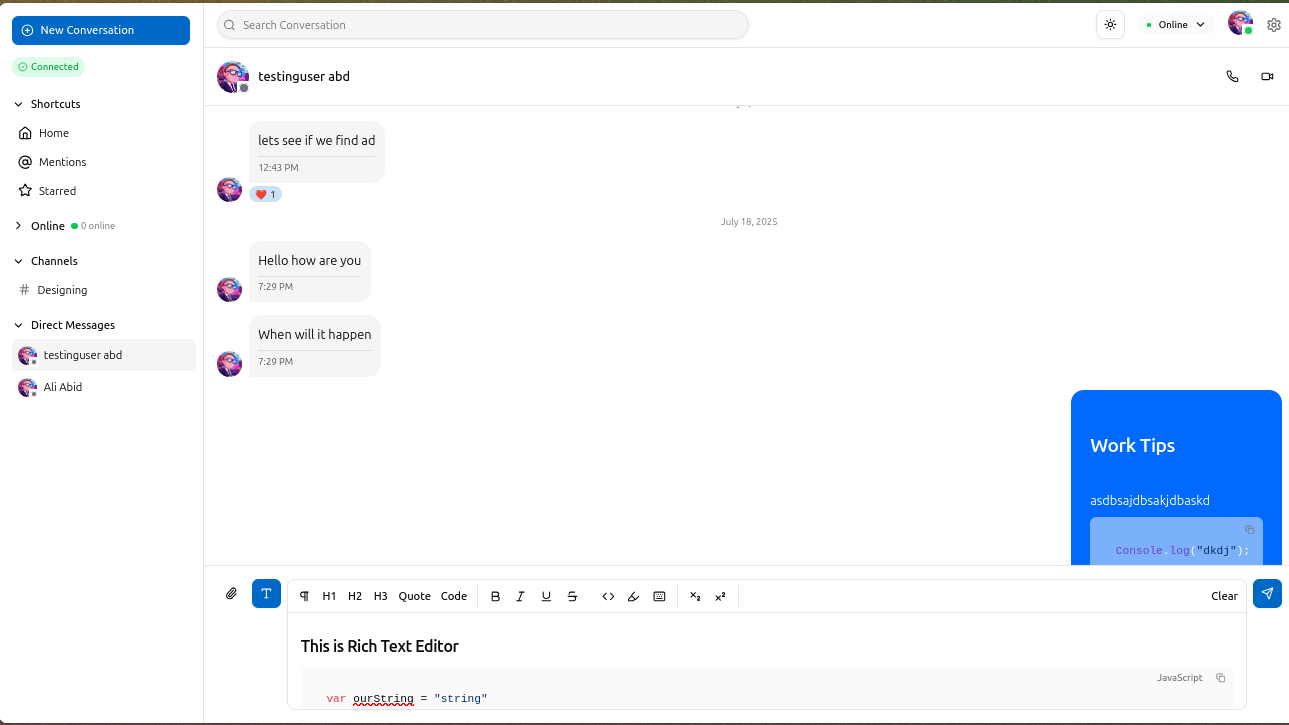 Rich text editor with message thread and user presence indicators