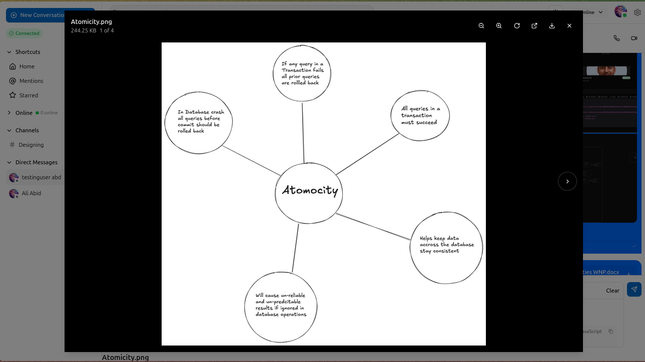 Chat interface showing direct messages, channel list, and file attachments