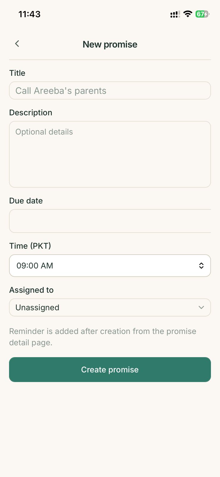 New promise form with fields for title, description, due date, and time in PKT