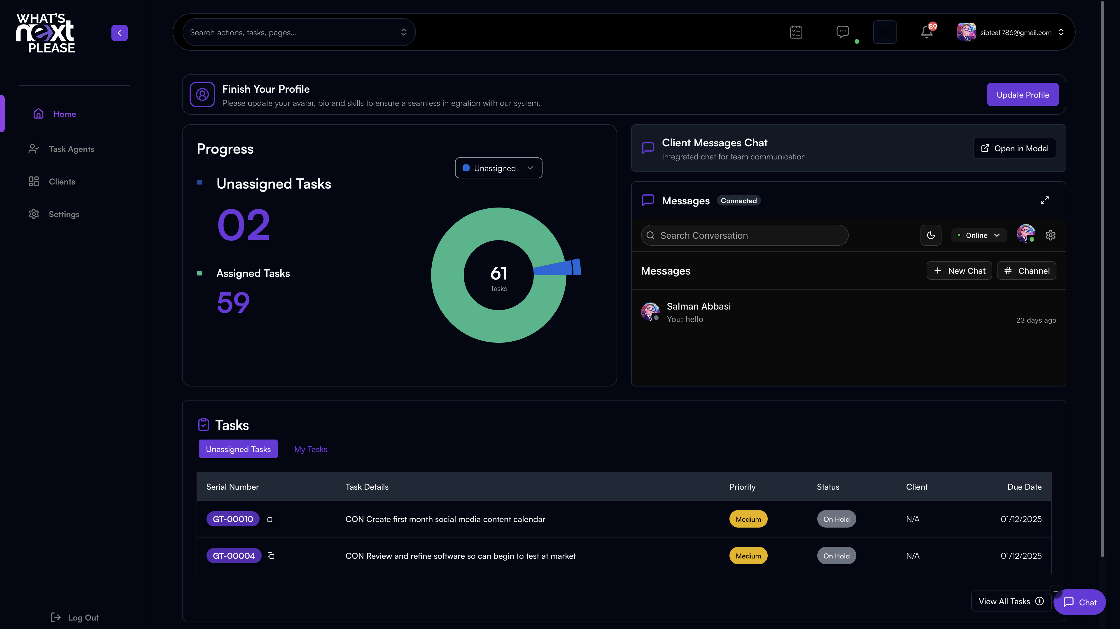 WhatsNextPlease: task board and team collaboration interface